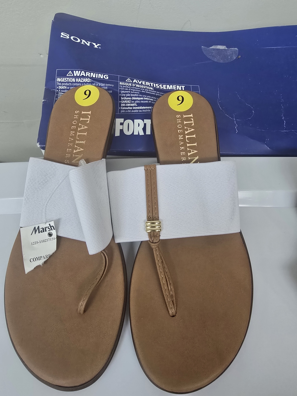 Italian Shoemakers White and Brown  T-Strap Slide Sandals